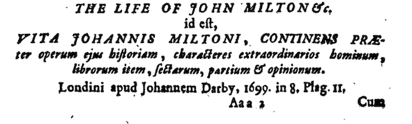 Title of Toland's Life of Milton in the Acta Eruditorum